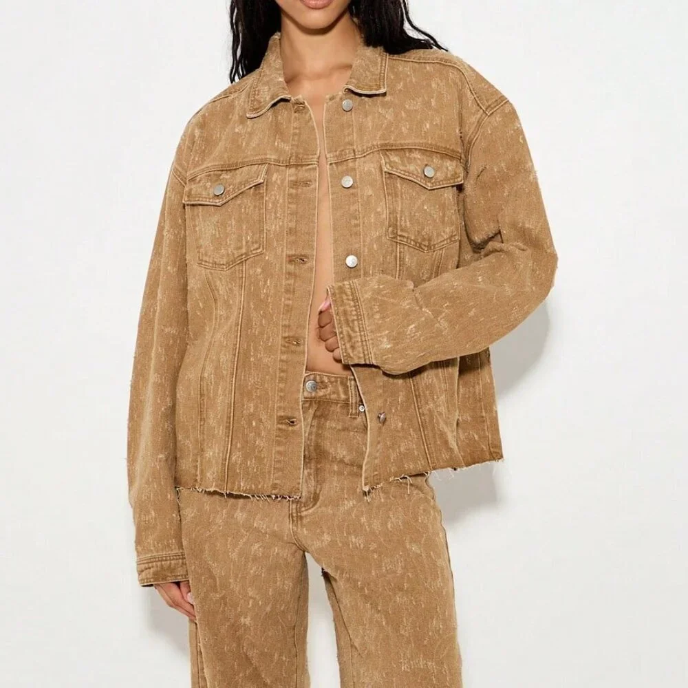 Brown Casual Women's Oversized Denim Trucker Jacket